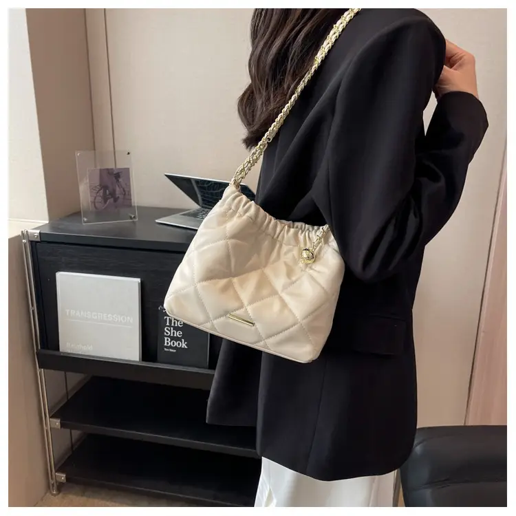 Women Quilted Chain Satchel Bag Cream Gold — feature 18