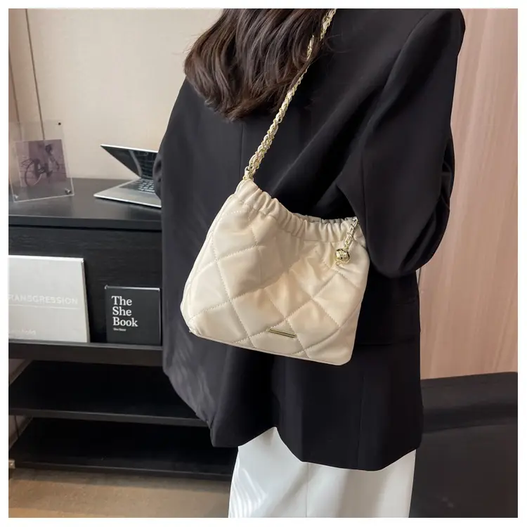 Women Quilted Chain Satchel Bag Cream Gold — feature 19