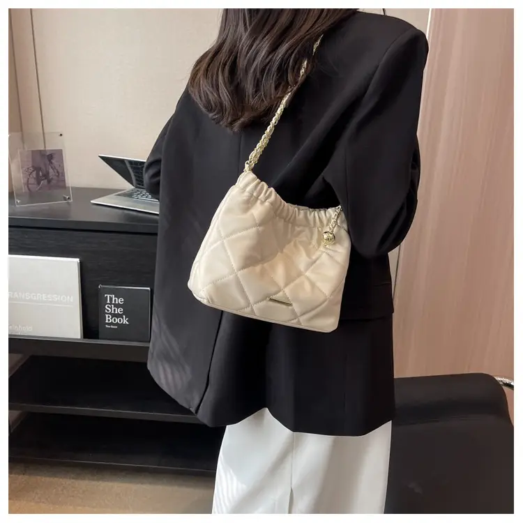 Women Quilted Chain Satchel Bag Cream Gold — feature 20