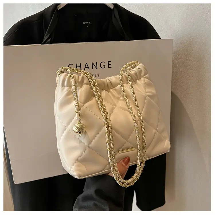 Women Quilted Chain Satchel Bag Cream Gold — feature 23