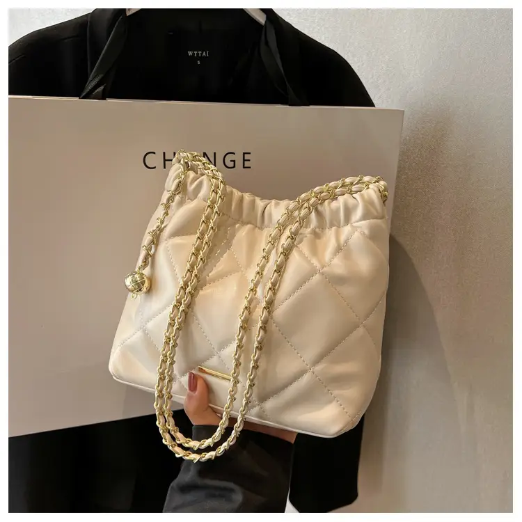 Women Quilted Chain Satchel Bag Cream Gold — feature 24