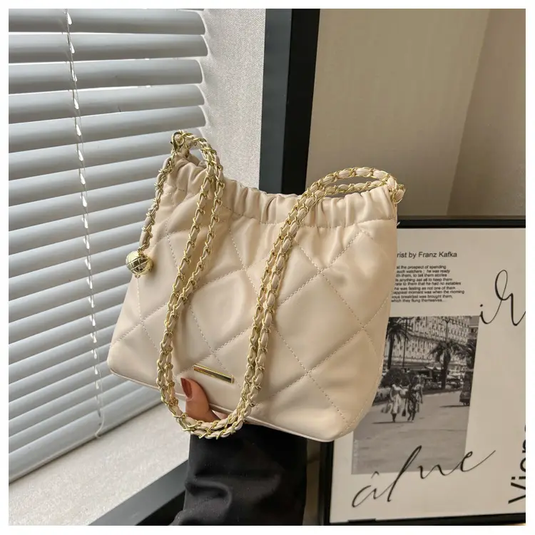 Women Quilted Chain Satchel Bag Cream Gold — feature 26