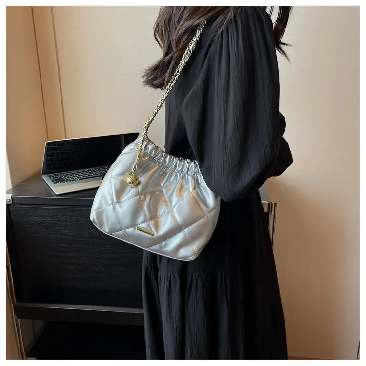 Women Quilted Chain Satchel Bag Cream Gold — feature 31