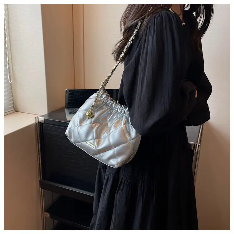 Women Quilted Chain Satchel Bag Cream Gold — feature 32