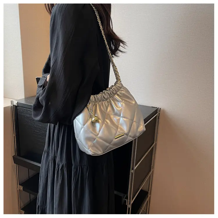 Women Quilted Chain Satchel Bag Cream Gold — feature 33
