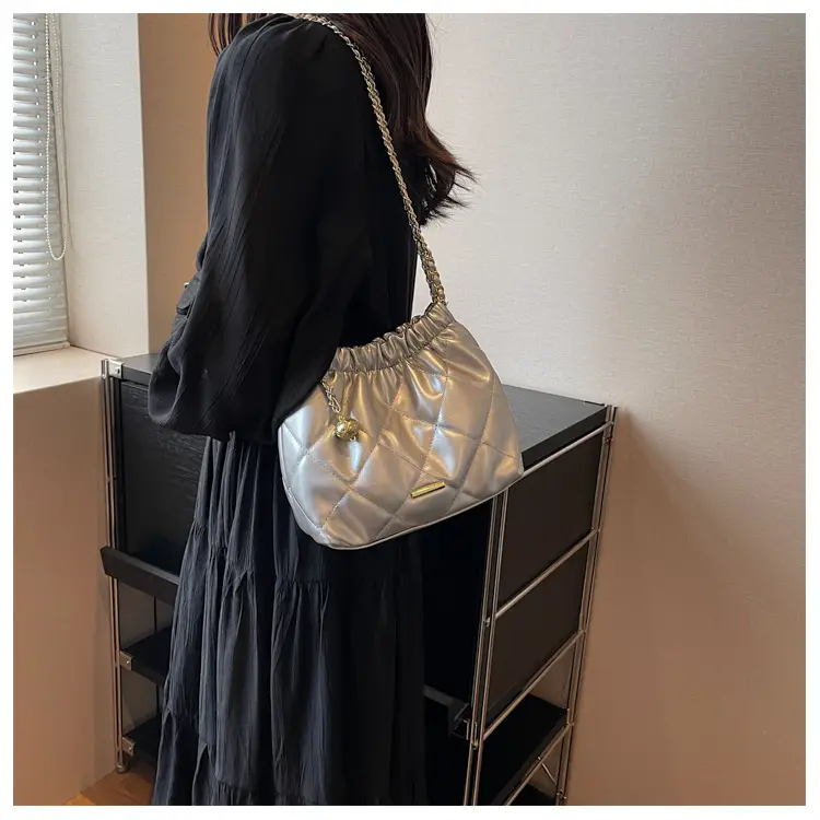 Women Quilted Chain Satchel Bag Cream Gold — feature 34