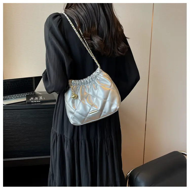 Women Quilted Chain Satchel Bag Cream Gold — feature 35