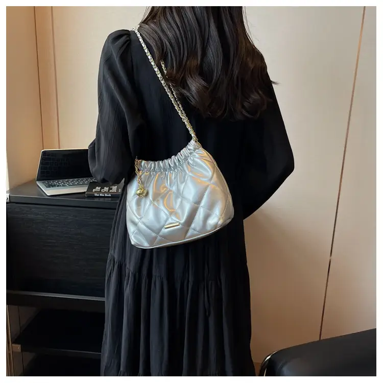 Women Quilted Chain Satchel Bag Cream Gold — feature 36