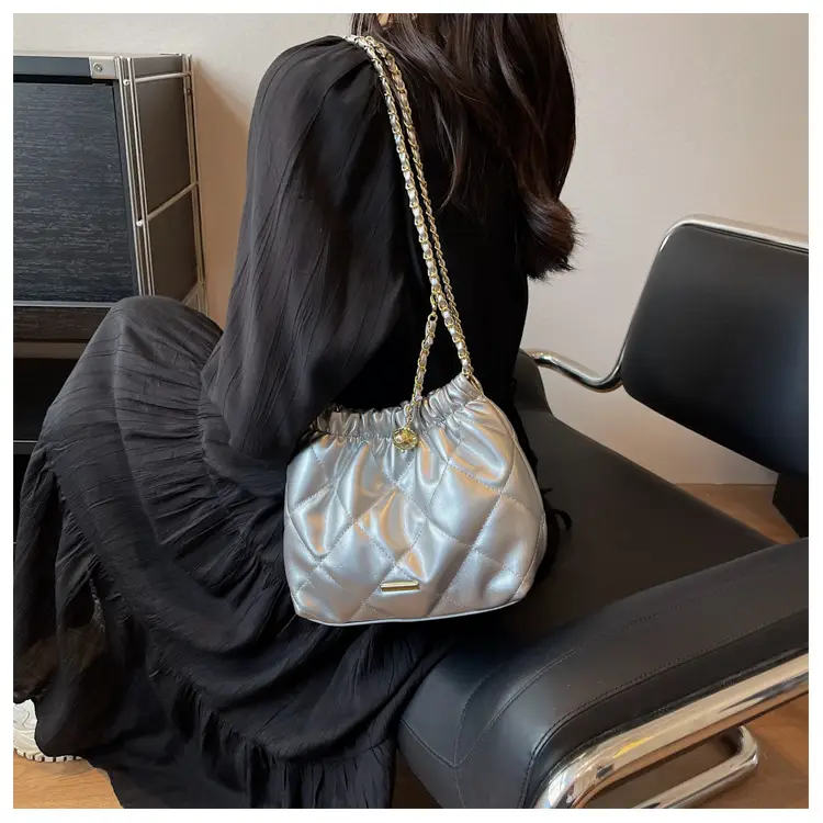 Women Quilted Chain Satchel Bag Cream Gold — feature 37