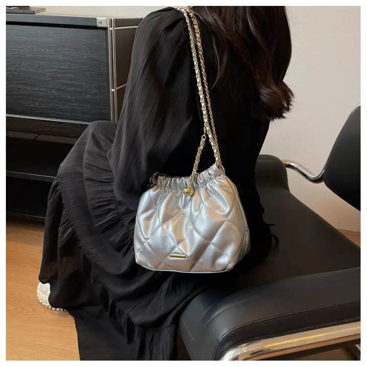 Women Quilted Chain Satchel Bag Cream Gold — feature 38