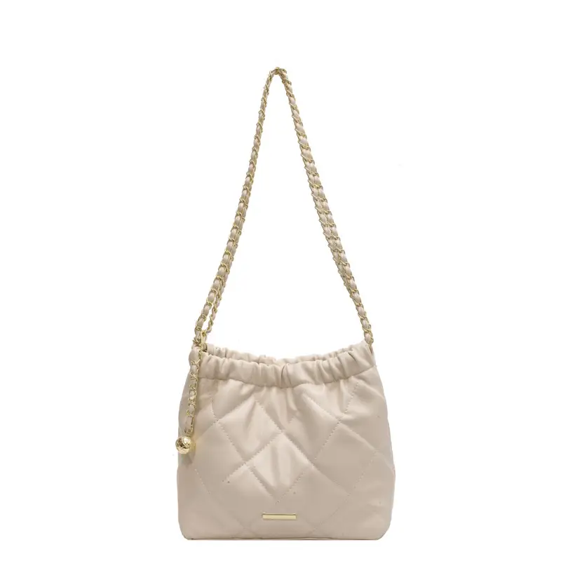 Women Quilted Chain Satchel Bag Cream Gold - Image 3