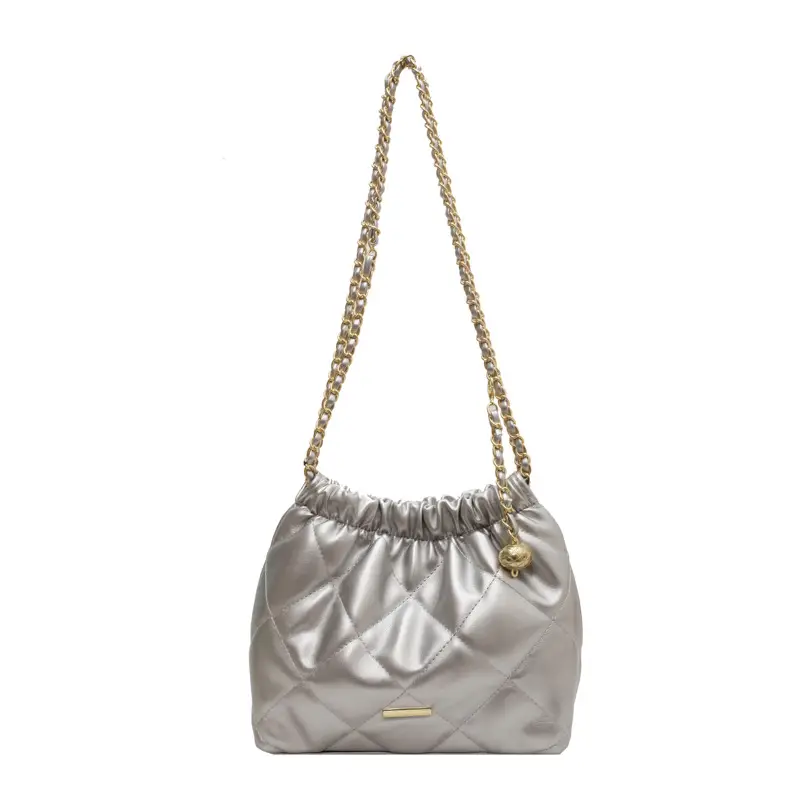 Women Quilted Chain Satchel Bag Cream Gold - Image 4