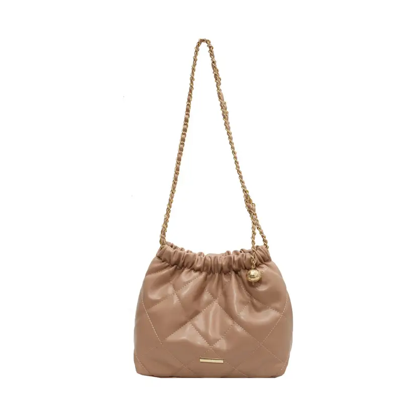 Women Quilted Chain Satchel Bag Cream Gold - Image 5