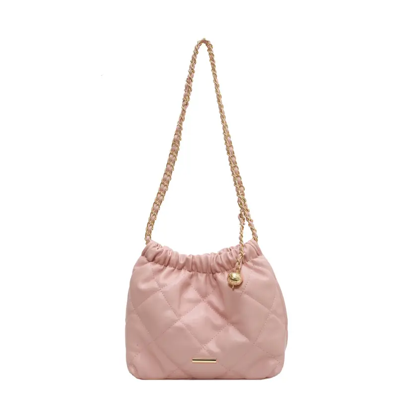 Women Quilted Chain Satchel Bag Cream Gold - Image 6