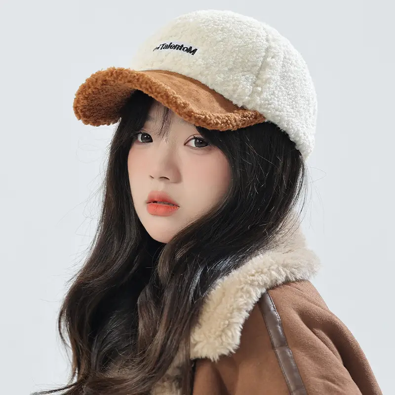 Women's Lamb Wool Winter Cap White Black Warm