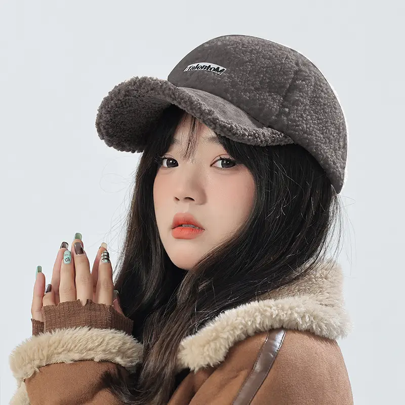 Women's Lamb Wool Winter Cap White Black Warm