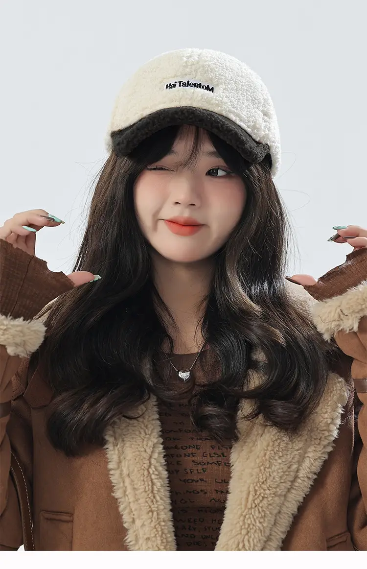Women's Lamb Wool Winter Cap White Black Warm — feature 20