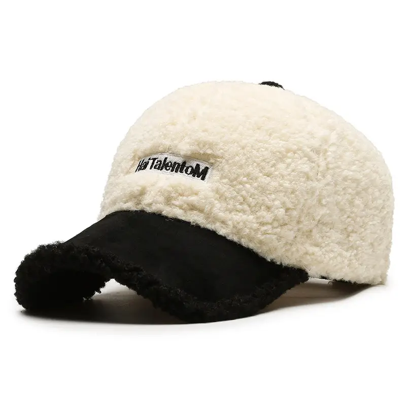 Women's Lamb Wool Winter Cap White Black Warm