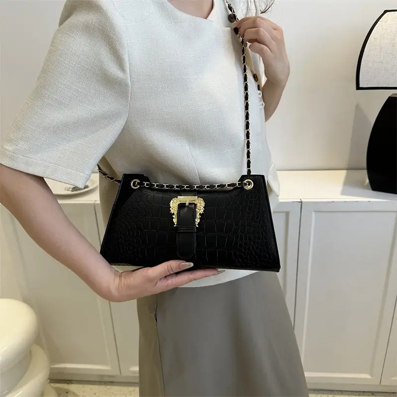 Black Crocodile Leather Shoulder Bag for Women - Image 8