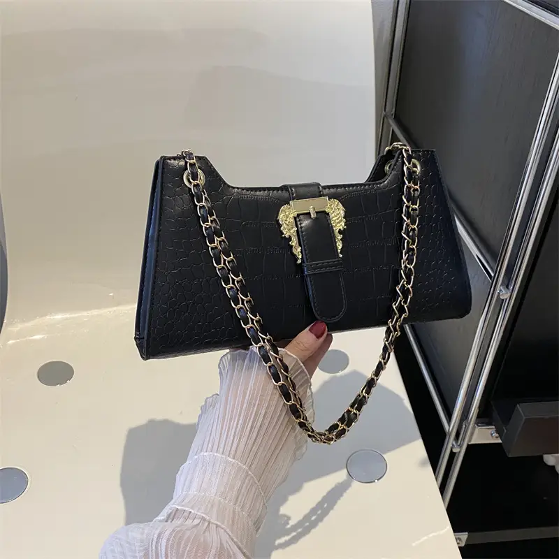 Black Crocodile Leather Shoulder Bag for Women - Image 2