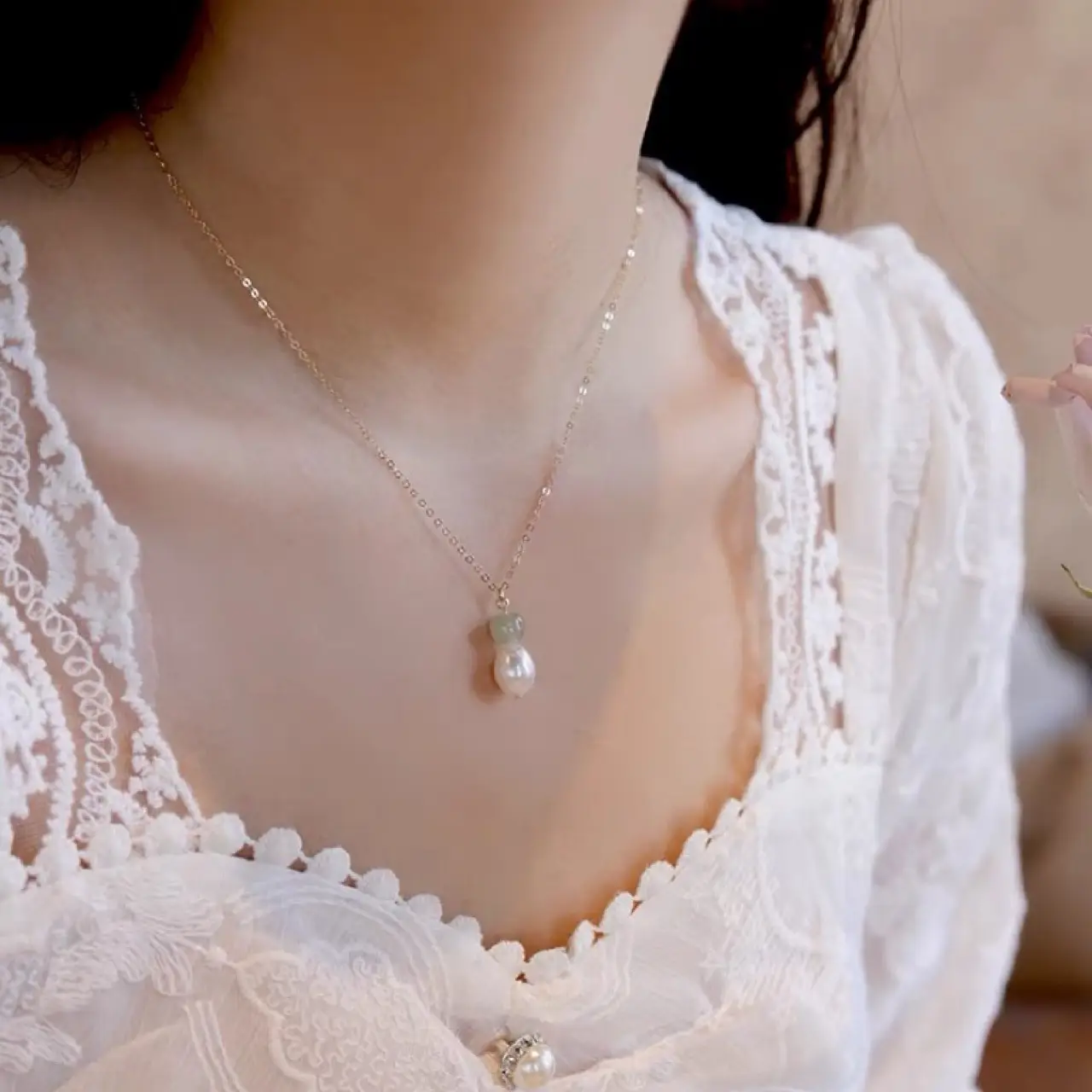 14k Gold Pearl Necklace with Jade Clasp