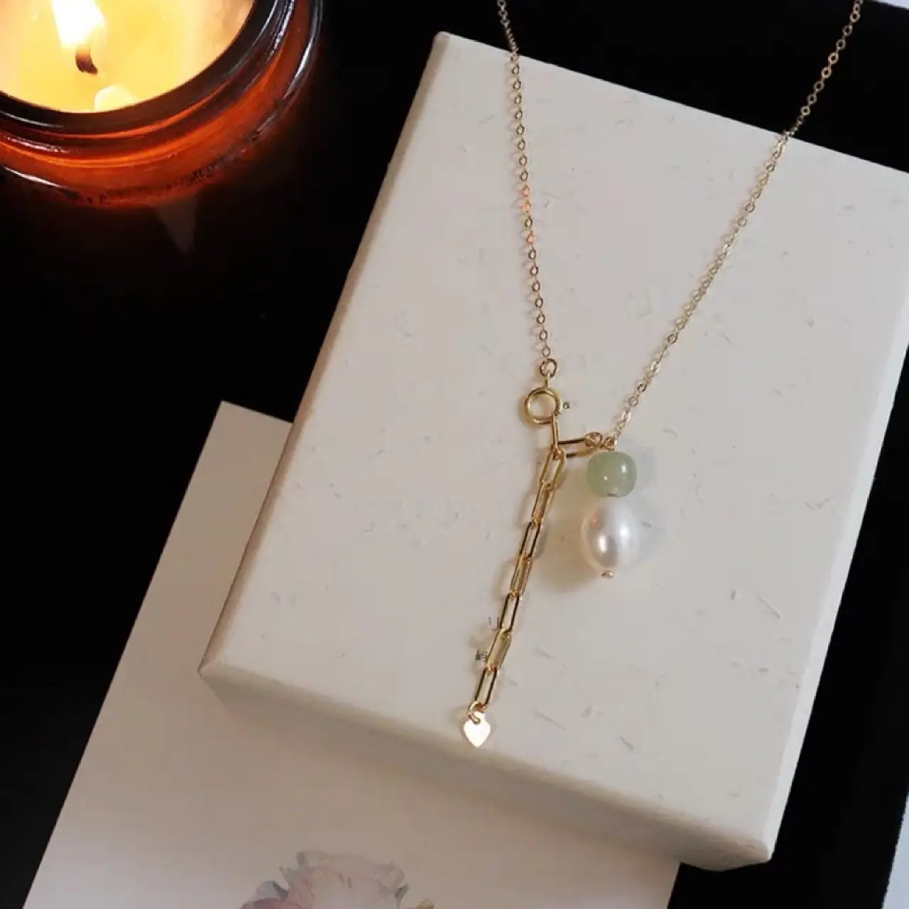14k Gold Pearl Necklace with Jade Clasp