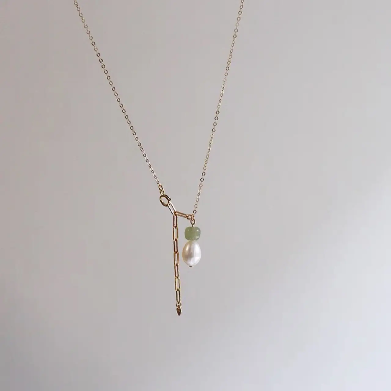 14k Gold Pearl Necklace with Jade Clasp