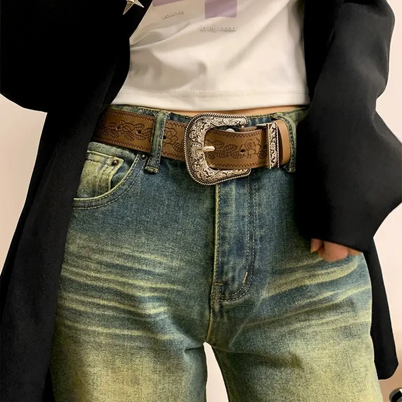 Women Brown Embossed Belt for Jeans Autumn Winter Y2K
