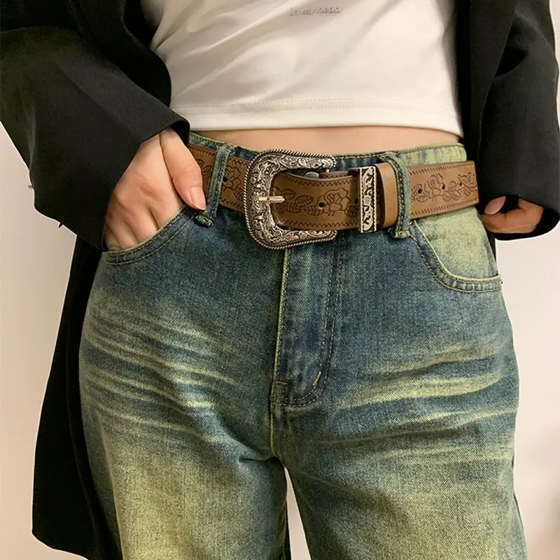Women Brown Embossed Belt for Jeans Autumn Winter Y2K