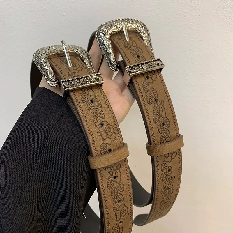 Women Brown Embossed Belt for Jeans Autumn Winter Y2K