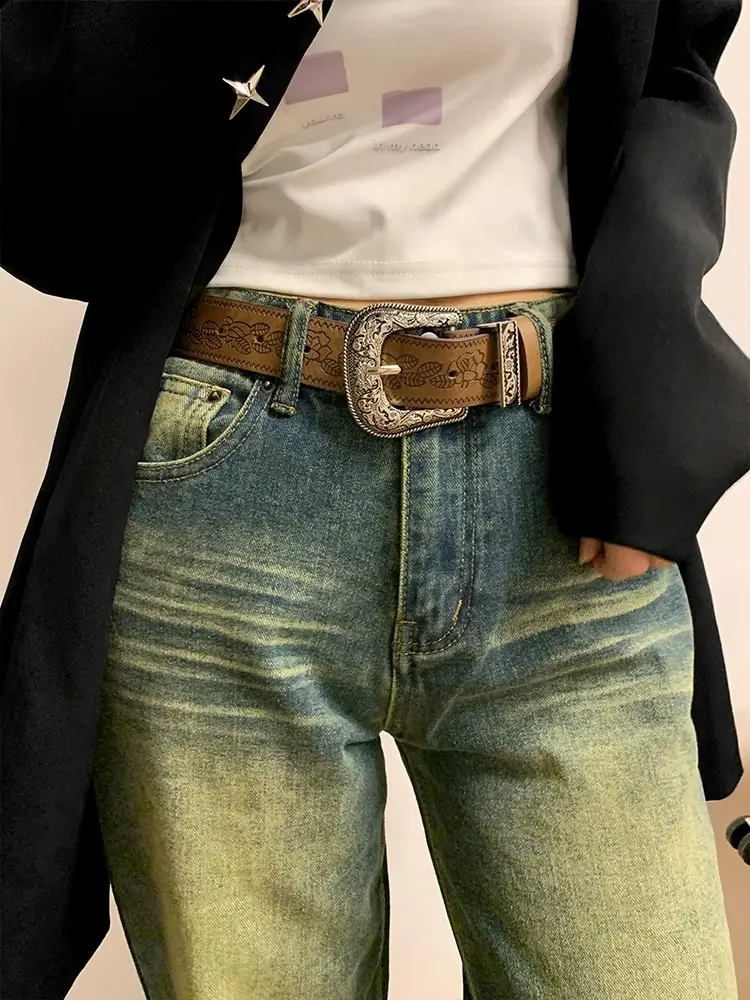 Women Brown Embossed Belt for Jeans Autumn Winter Y2K — feature 1