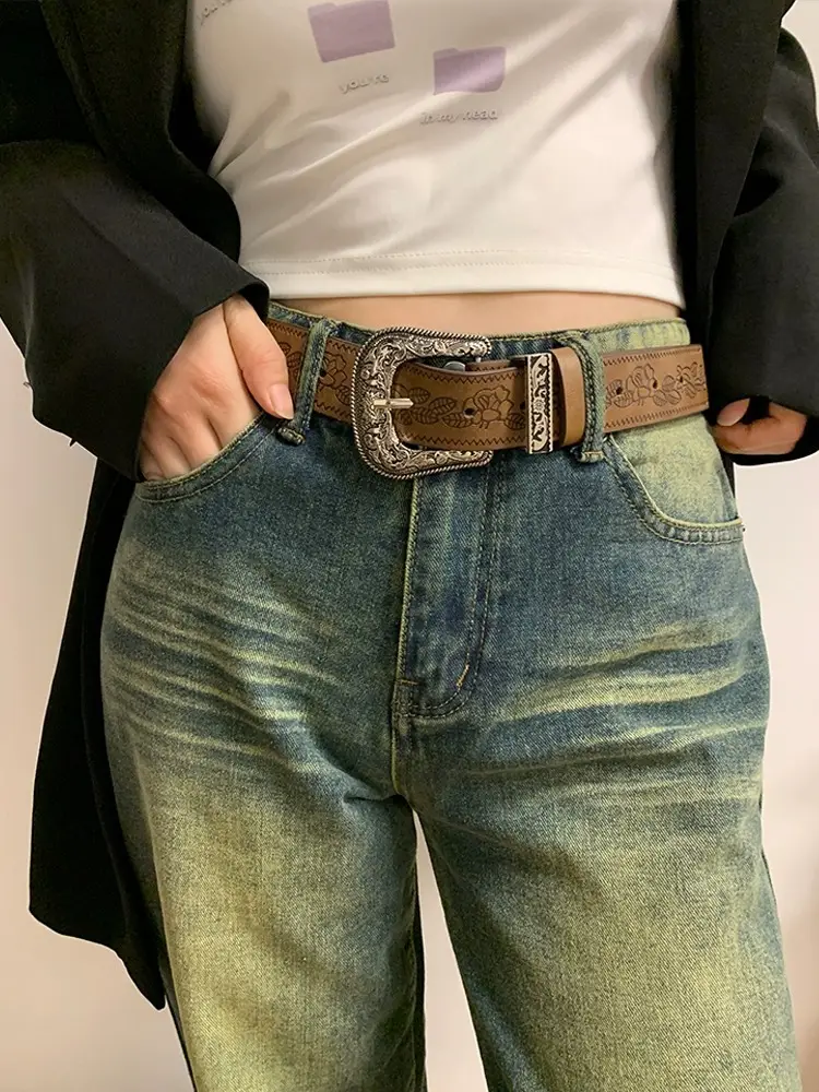 Women Brown Embossed Belt for Jeans Autumn Winter Y2K — feature 2