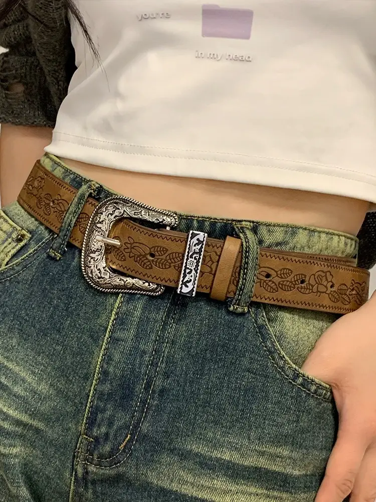 Women Brown Embossed Belt for Jeans Autumn Winter Y2K — feature 3