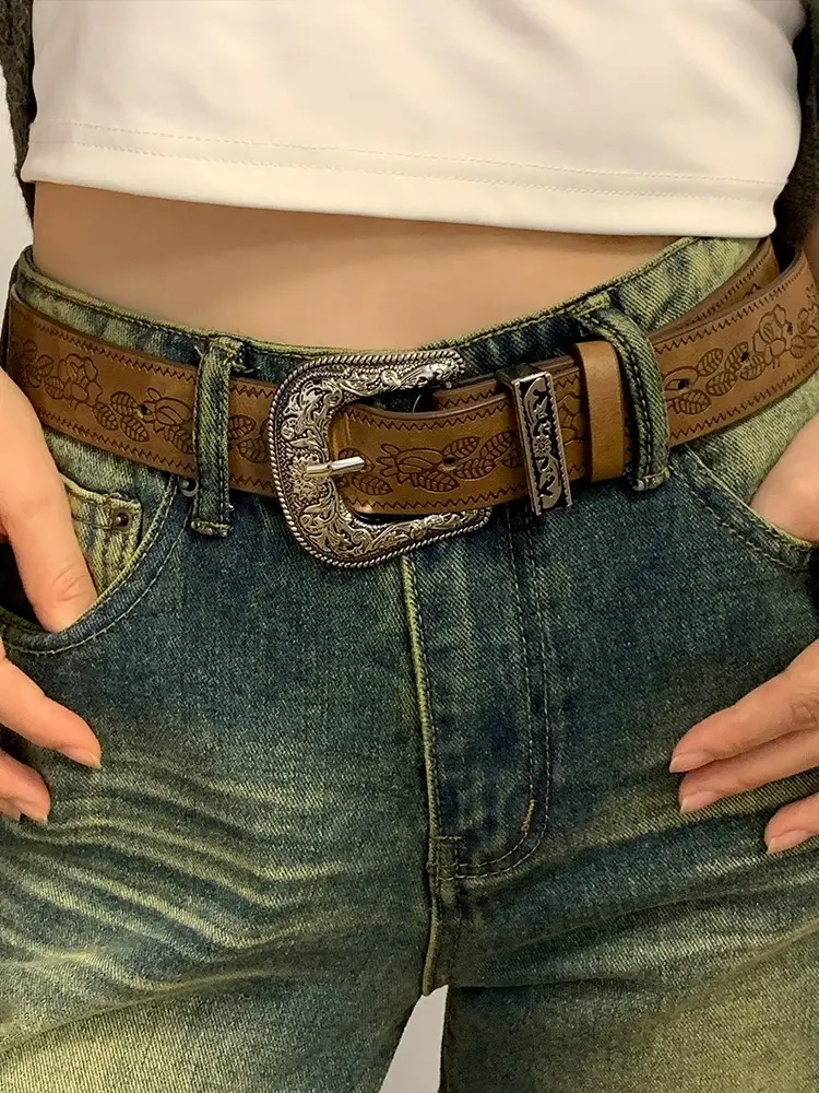 Women Brown Embossed Belt for Jeans Autumn Winter Y2K — feature 4