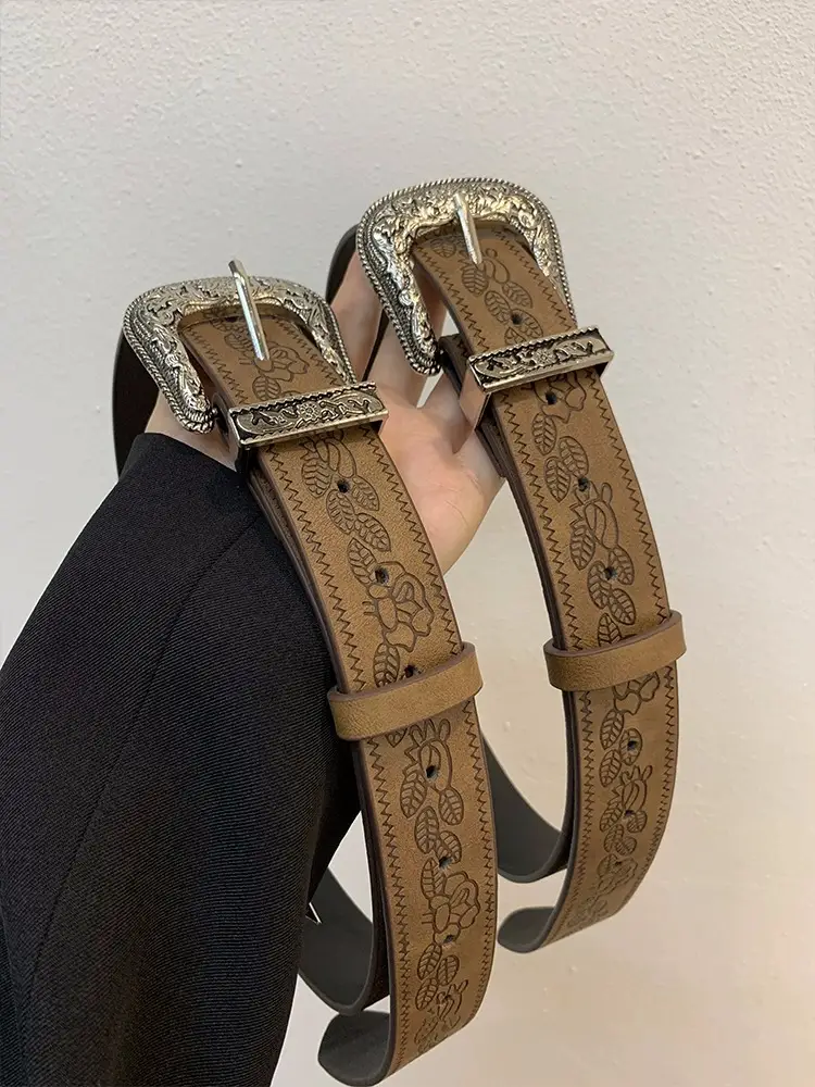 Women Brown Embossed Belt for Jeans Autumn Winter Y2K — feature 5