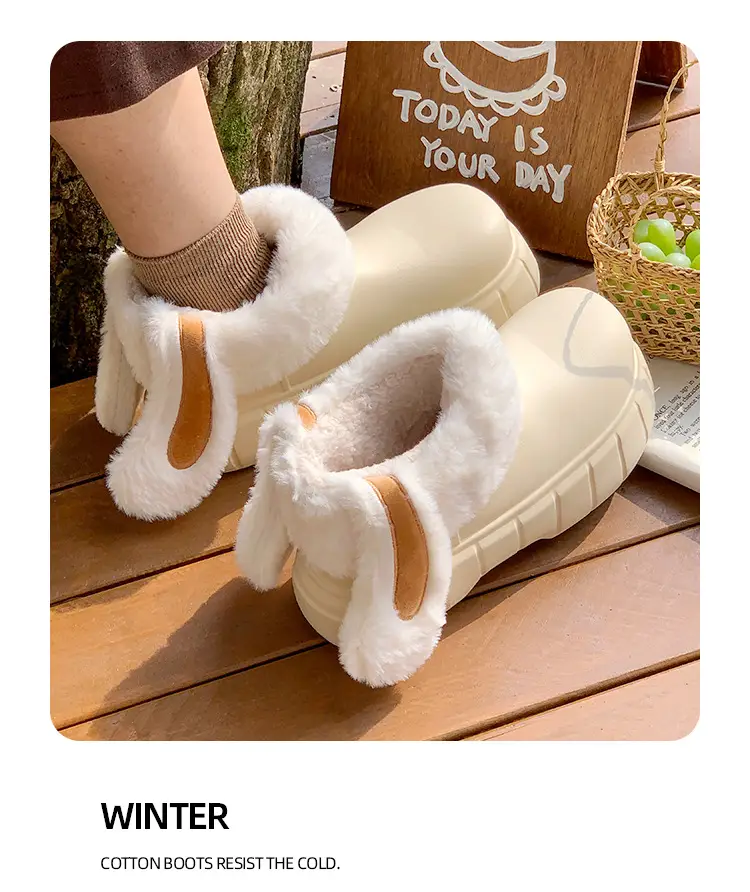 Women's Cotton Slippers with High Heel, Winter Warm, Fleece-Lined, Thick-Soled, Ultra-Comfortable, Outdoor Boots, Cotton Shoes with Rabbit Ears, Thick Sole, Non-Slip — feature 4