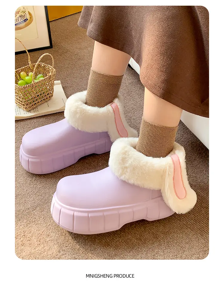 Women's Cotton Slippers with High Heel, Winter Warm, Fleece-Lined, Thick-Soled, Ultra-Comfortable, Outdoor Boots, Cotton Shoes with Rabbit Ears, Thick Sole, Non-Slip — feature 6