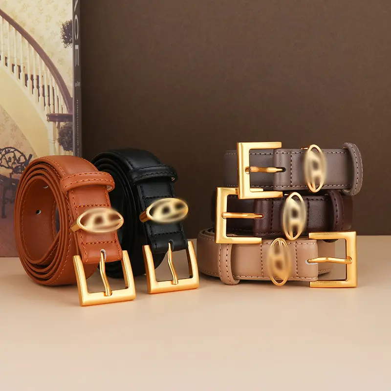 Fashionable Women's Leather Belt with Gold Buckle