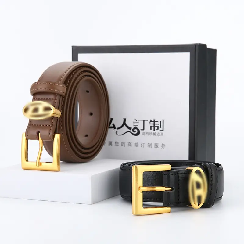 Fashionable Women's Leather Belt with Gold Buckle