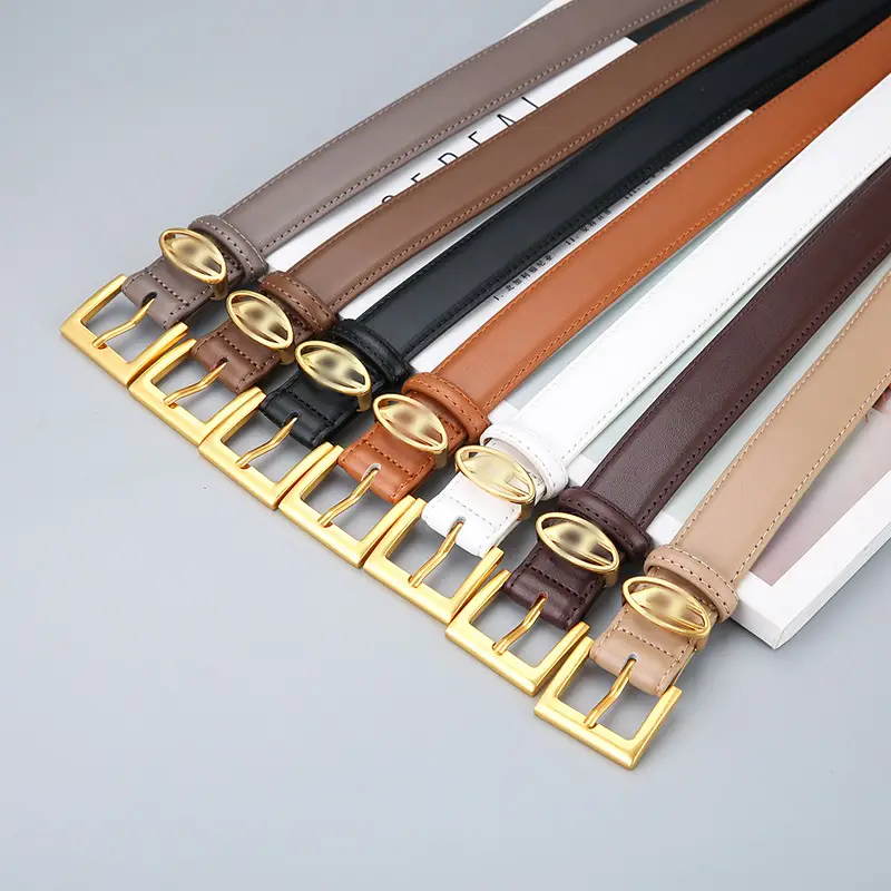 Fashionable Women's Leather Belt with Gold Buckle