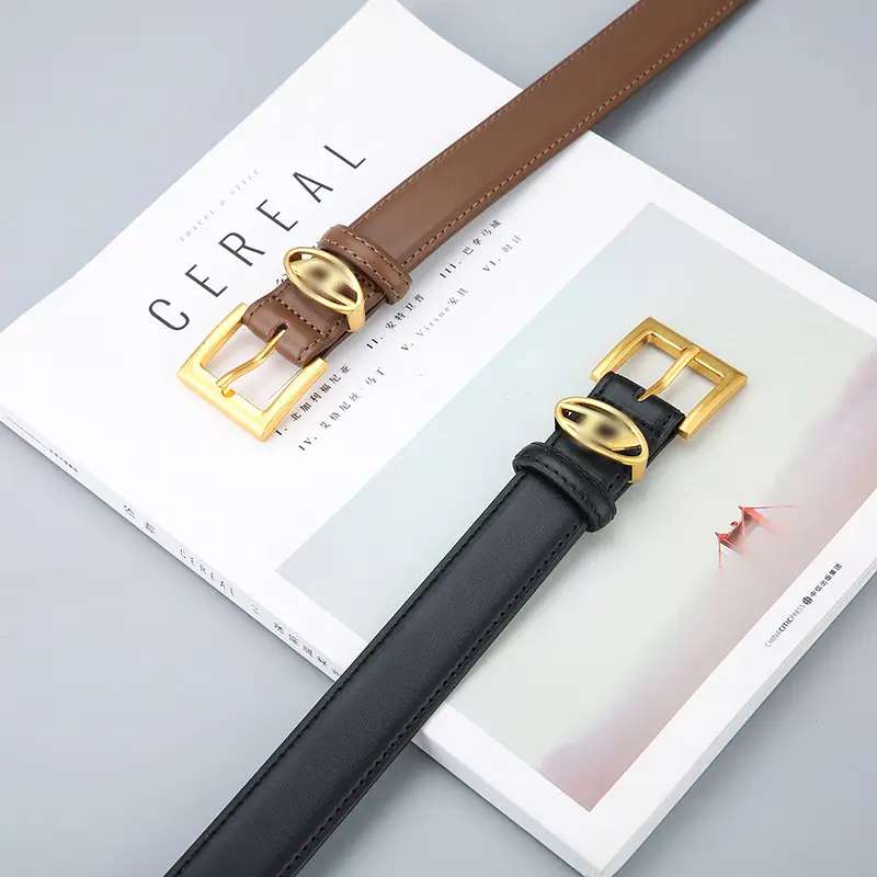 Fashionable Women's Leather Belt with Gold Buckle