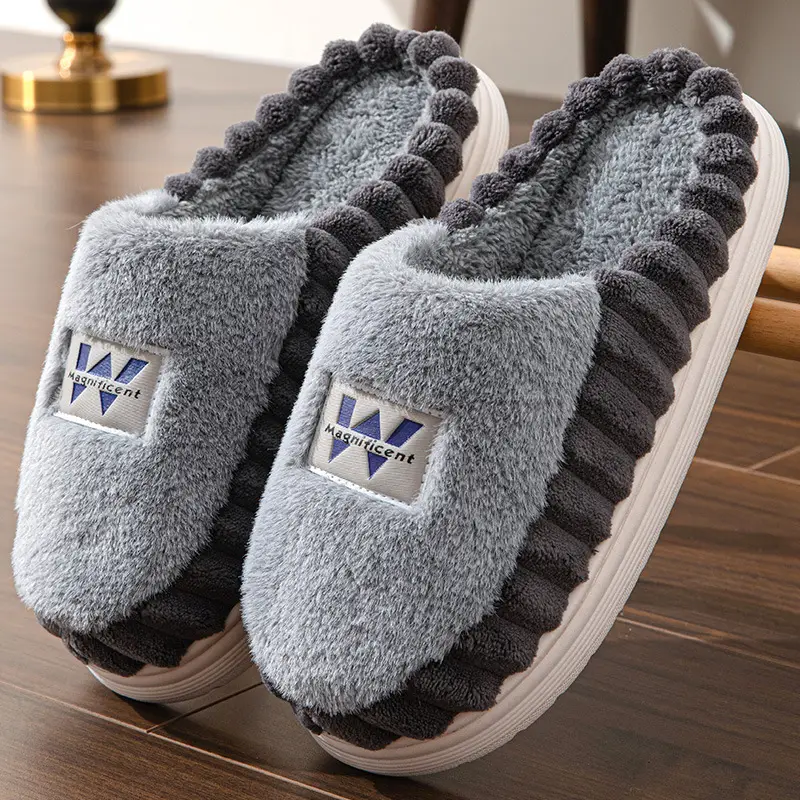 Home cotton slippers men's plus size thick bottom winter room velvet warm non-slip cotton slippers high-end shoes wholesale - Image 2