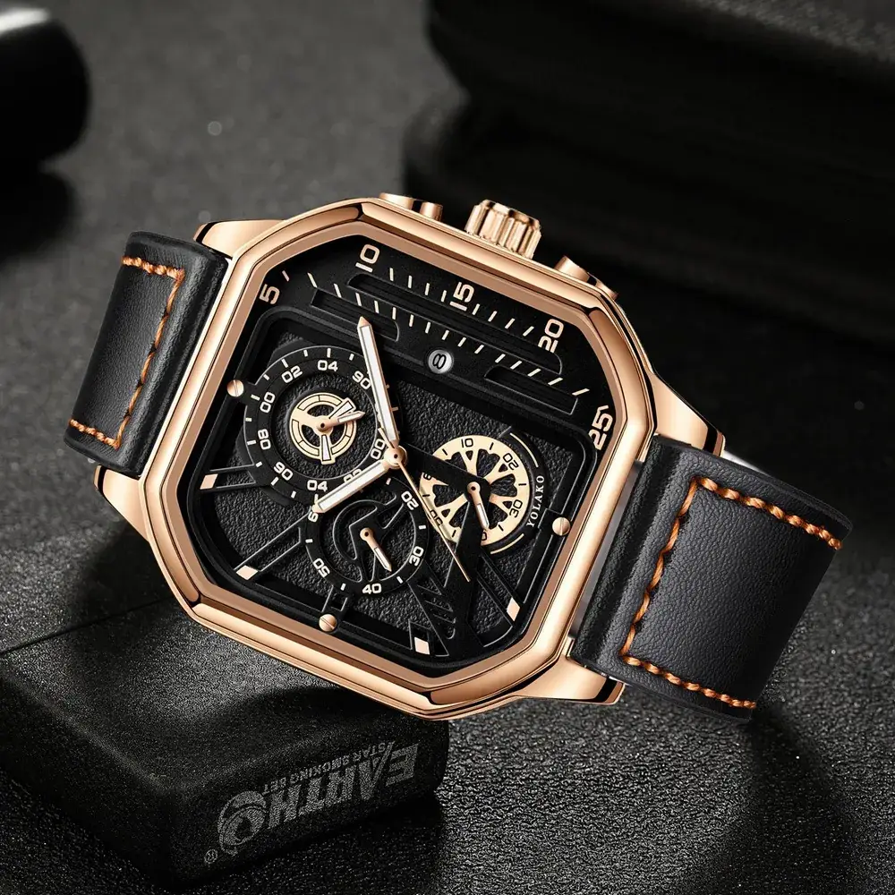 Men's Black Chronograph Watch with Leather Strap - Image 6