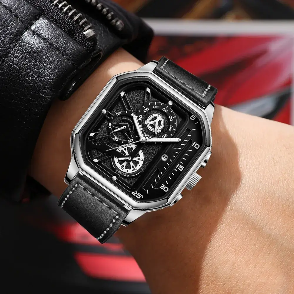 Men's Black Chronograph Watch with Leather Strap - Image 8