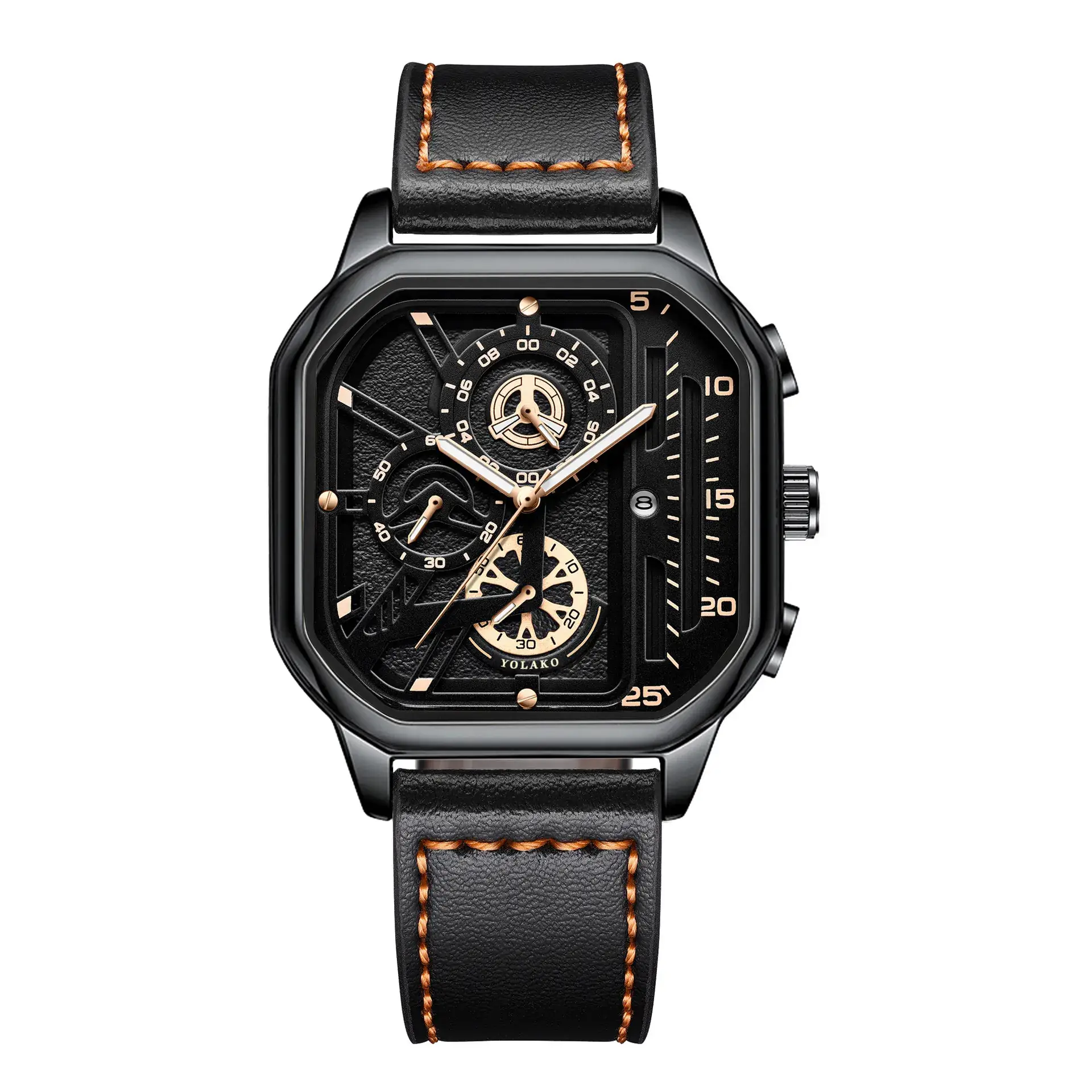 Men's Black Chronograph Watch with Leather Strap - Image 9