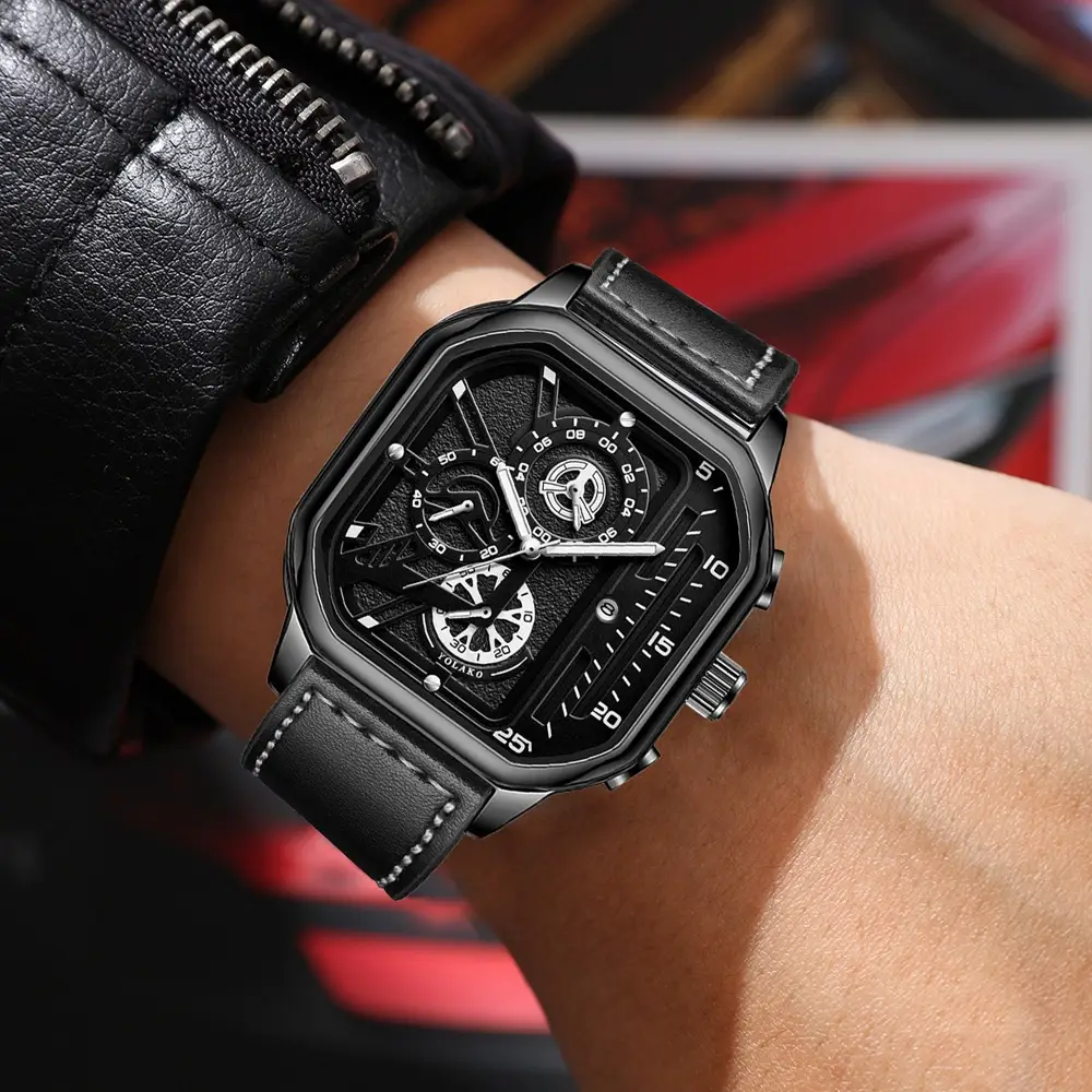 Men's Black Chronograph Watch with Leather Strap — feature 10