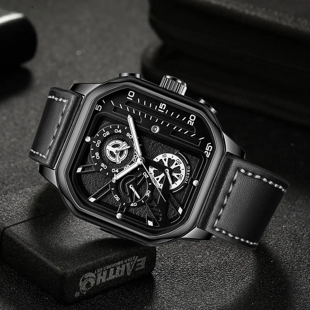 Men's Black Chronograph Watch with Leather Strap — feature 3