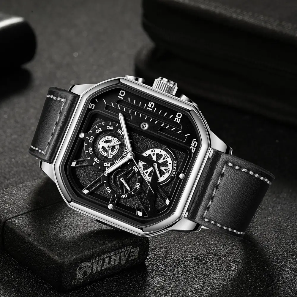 Men's Black Chronograph Watch with Leather Strap — feature 5