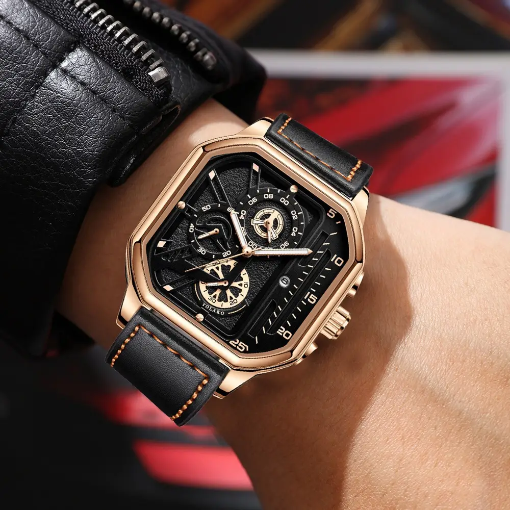 Men's Black Chronograph Watch with Leather Strap — feature 7