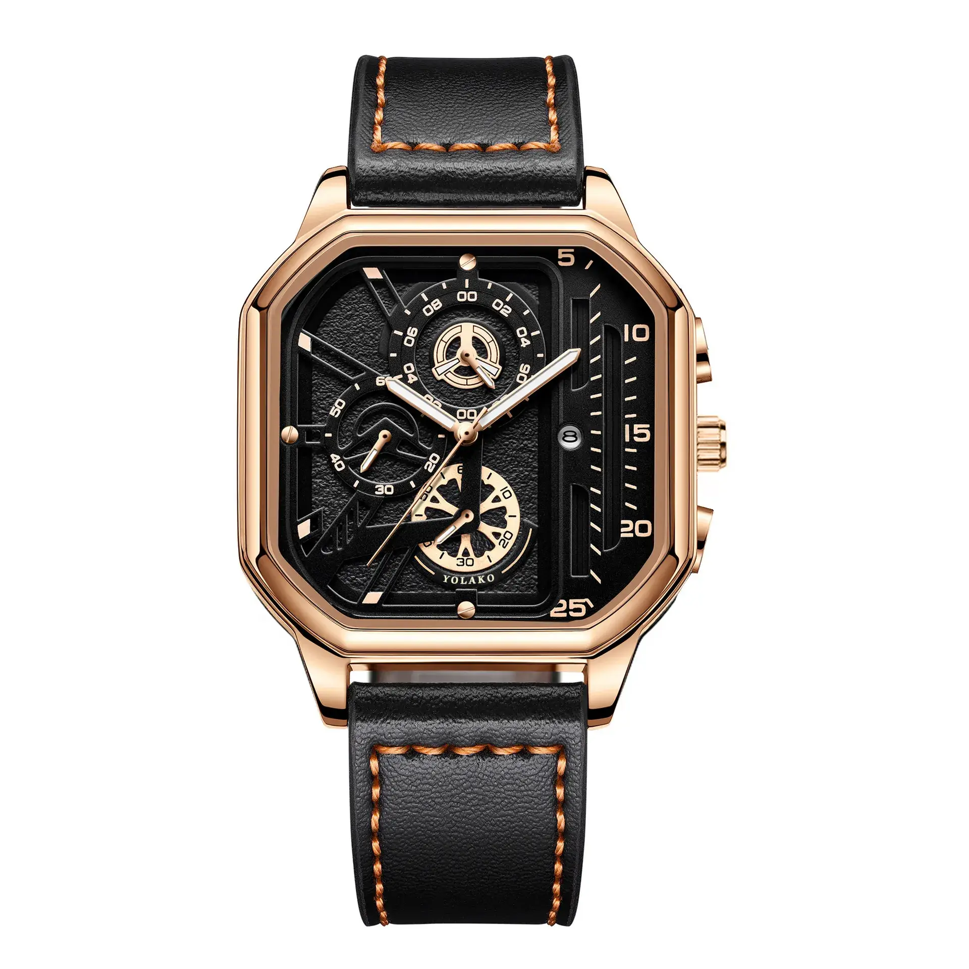 Men's Black Chronograph Watch with Leather Strap - Image 3
